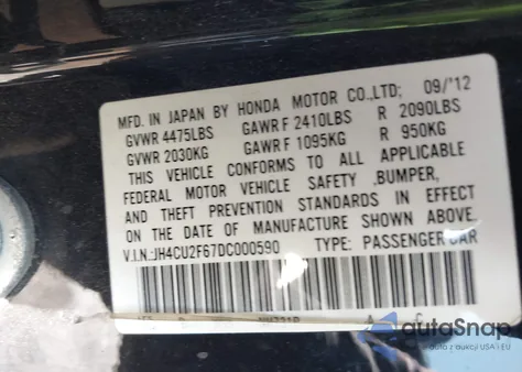 2013 Acura Tsx 2.4 from USA, damaged, VIN JH4CU2F67DC000590